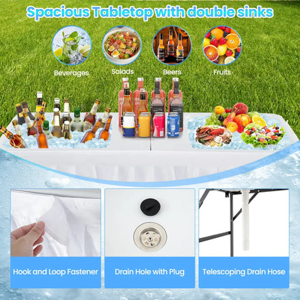 5 FT Folding Ice Cooler Table with Double Sinks for Camping Party Picnic Wedding-White - White - Camping Furniture