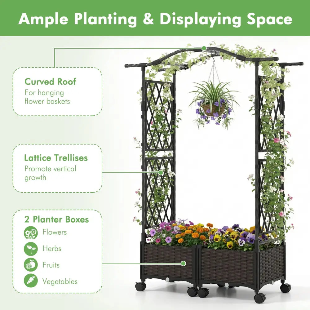 5 FT Self-Watering Planter Boxes with Lattice Trellis and Roof-Brown - Brown - Plant Supports