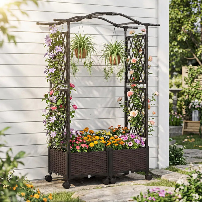 5 FT Self-Watering Planter Boxes with Lattice Trellis and Roof-Brown - Brown - Plant Supports