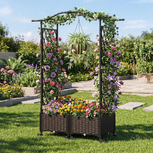 5 FT Self-Watering Planter Boxes with Lattice Trellis and Roof-Brown - Brown - Plant Supports