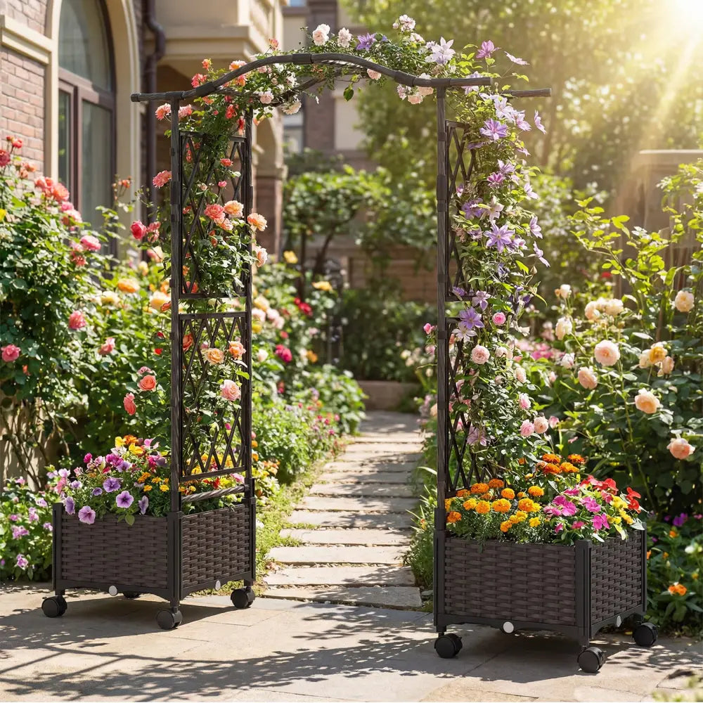 5 FT Self-Watering Planter Boxes with Lattice Trellis and Roof-Brown - Brown - Plant Supports