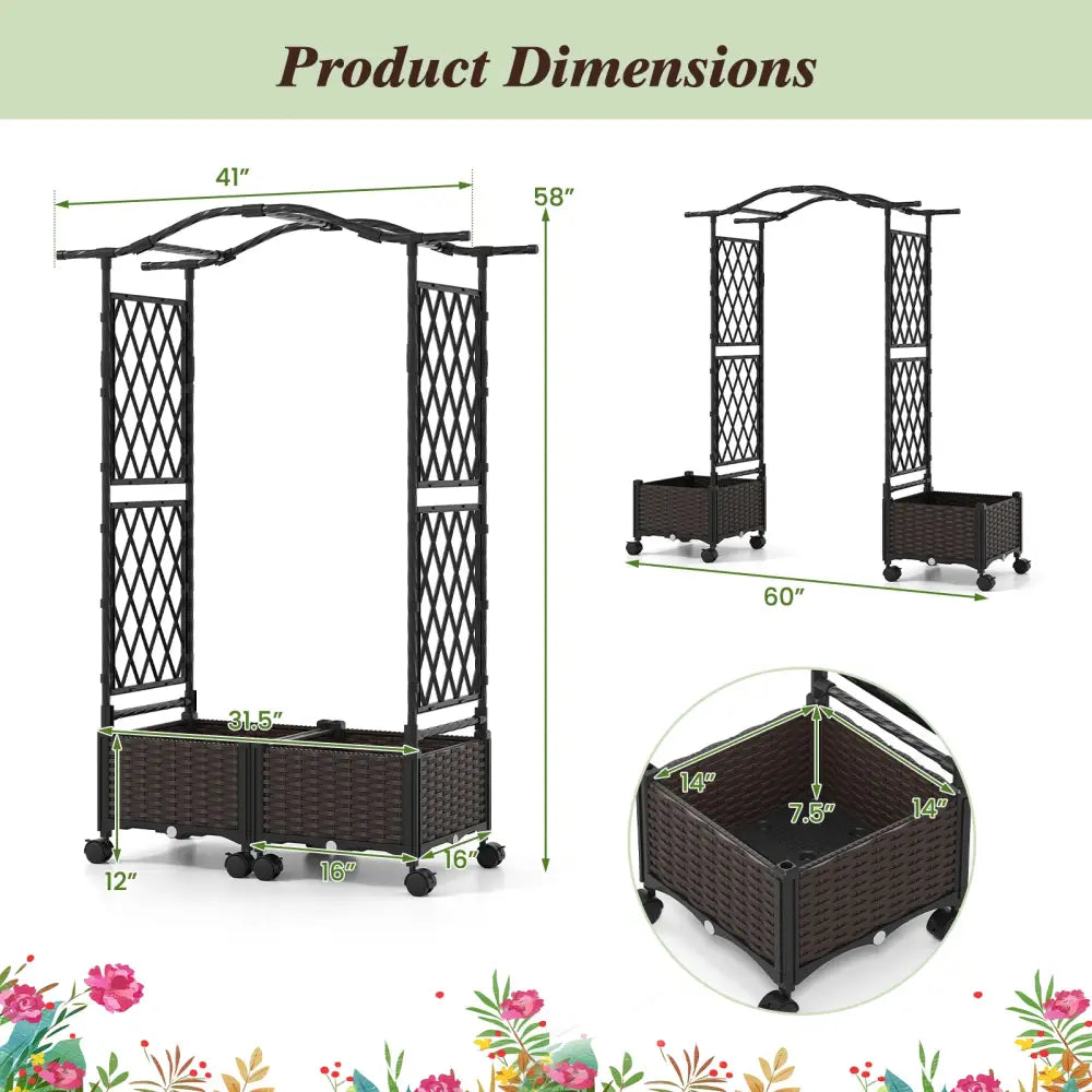 5 FT Self-Watering Planter Boxes with Lattice Trellis and Roof-Brown - Brown - Plant Supports