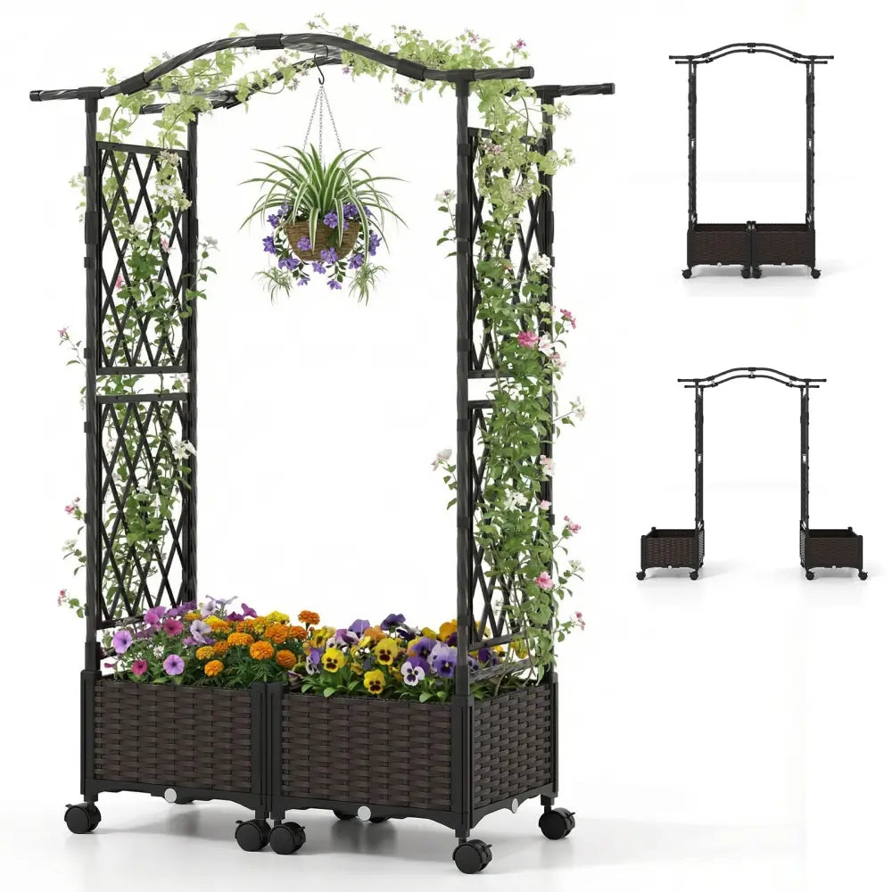 5 FT Self-Watering Planter Boxes with Lattice Trellis and Roof-Brown - Brown - Plant Supports