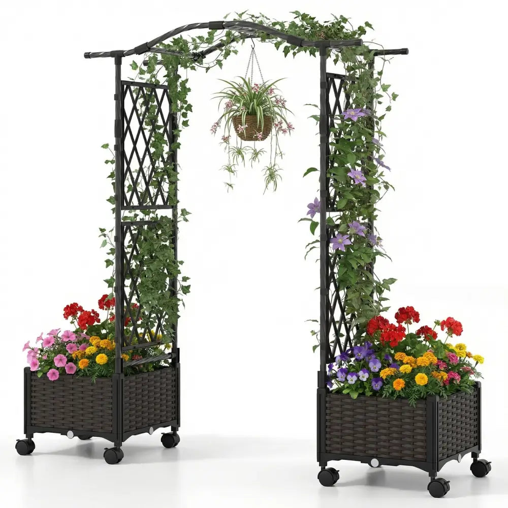 5 FT Self-Watering Planter Boxes with Lattice Trellis and Roof-Brown - Brown - Plant Supports