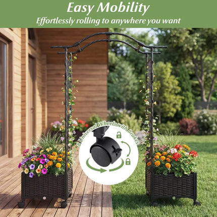 5 FT Tall Raised Garden bed with Lockable Wheels and Hanging Roof for Climbing Flowers-Brown - Brown - Outdoor Decor