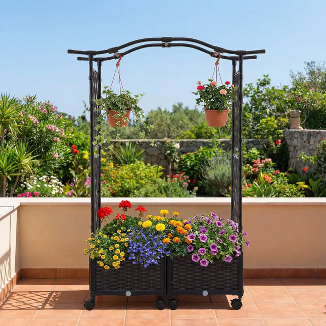 5 FT Tall Raised Garden bed with Lockable Wheels and Hanging Roof for Climbing Flowers-Brown - Brown - Outdoor Decor