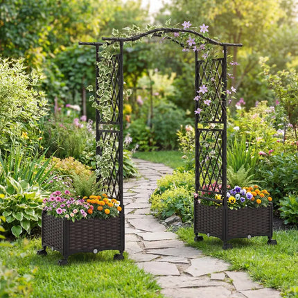 5 FT Tall Raised Garden bed with Lockable Wheels and Hanging Roof for Climbing Flowers-Brown - Brown - Outdoor Decor