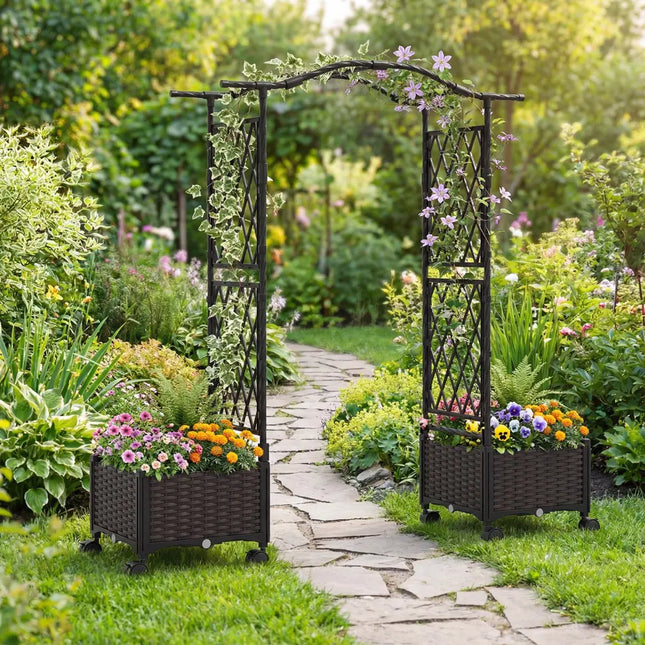 5 FT Tall Raised Garden bed with Lockable Wheels and Hanging Roof for Climbing Flowers-Brown - Brown - Outdoor Decor