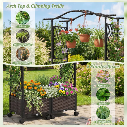 5 FT Tall Raised Garden bed with Lockable Wheels and Hanging Roof for Climbing Flowers-Brown - Brown - Outdoor Decor
