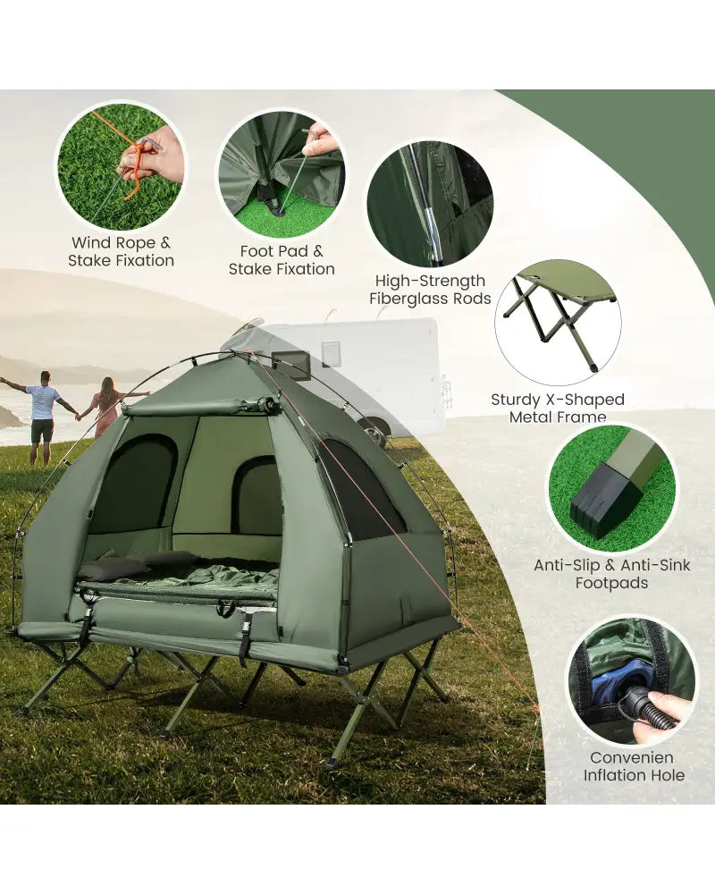 5-in-1 2-Person Foldable Outdoor Camping Tent Cot with Air Mattress and Sleeping Bag - Green - Tents