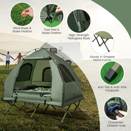 5-in-1 2-Person Foldable Outdoor Camping Tent Cot with Air Mattress and Sleeping Bag - Green - Tents