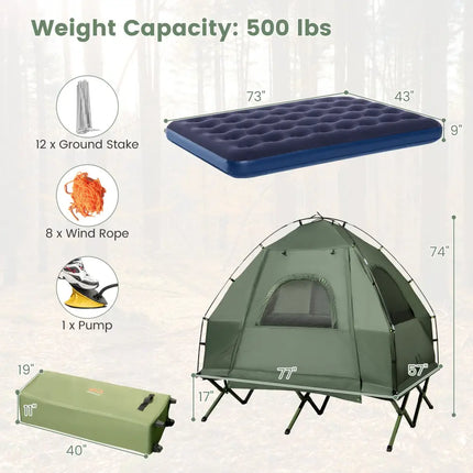 5-in-1 2-Person Foldable Outdoor Camping Tent Cot with Air Mattress and Sleeping Bag - Green - Tents