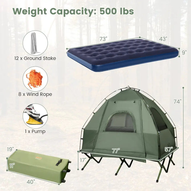 5-in-1 2-Person Foldable Outdoor Camping Tent Cot with Air Mattress and Sleeping Bag - Green - Tents