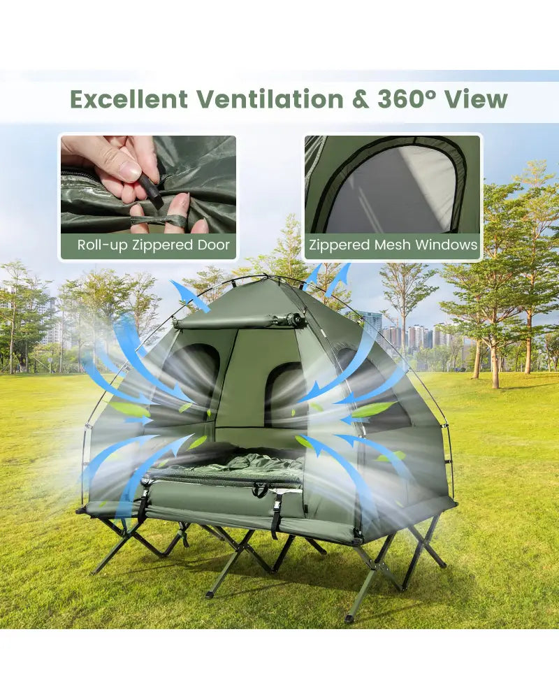 5-in-1 2-Person Foldable Outdoor Camping Tent Cot with Air Mattress and Sleeping Bag - Green - Tents