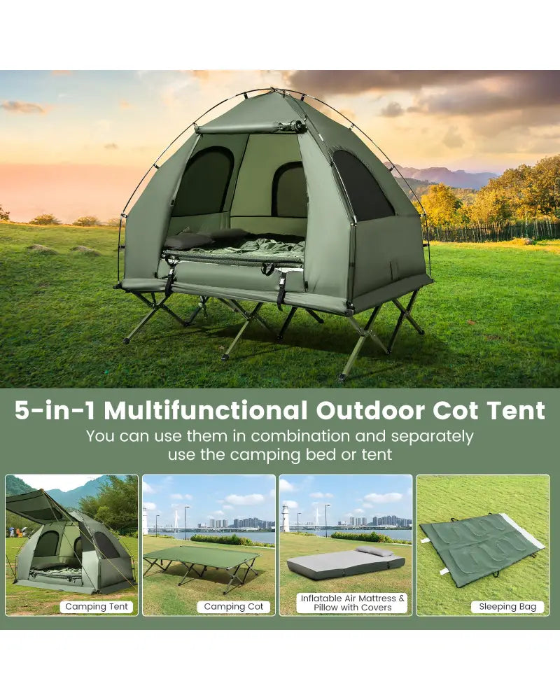 5-in-1 2-Person Foldable Outdoor Camping Tent Cot with Air Mattress and Sleeping Bag - Green - Tents