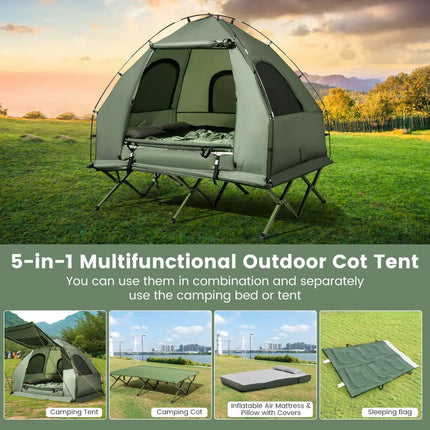 5-in-1 2-Person Foldable Outdoor Camping Tent Cot with Air Mattress and Sleeping Bag - Green - Tents