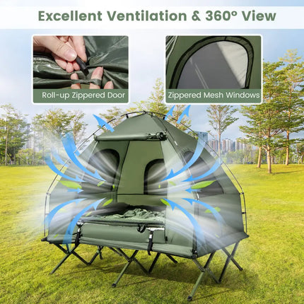 5-in-1 2-Person Foldable Outdoor Camping Tent Cot with Air Mattress and Sleeping Bag - Green - Tents