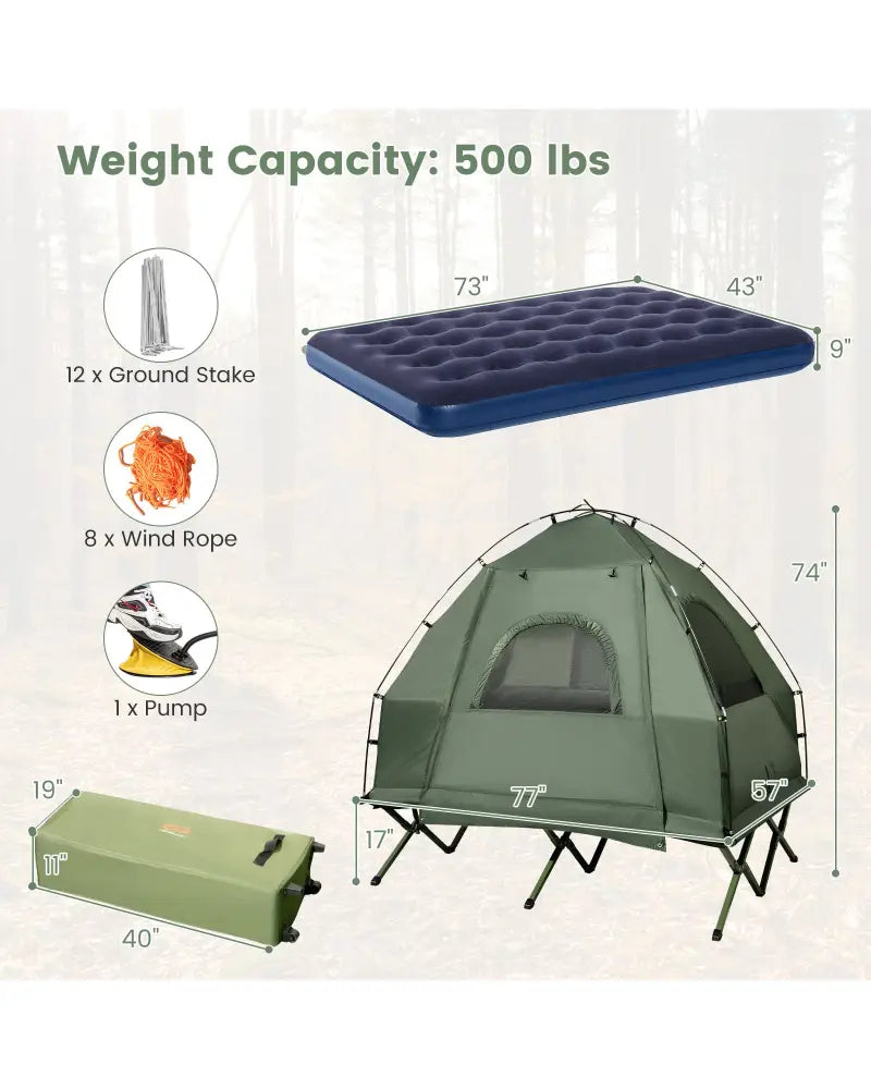 5-in-1 2-Person Foldable Outdoor Camping Tent Cot with Air Mattress and Sleeping Bag - Green - Tents