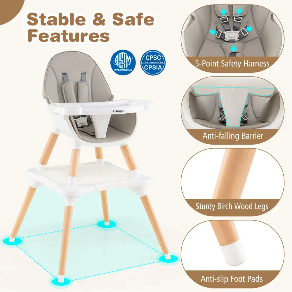 5-in-1 Baby Wooden Convertible High Chair -Gray - Gray - High Chairs