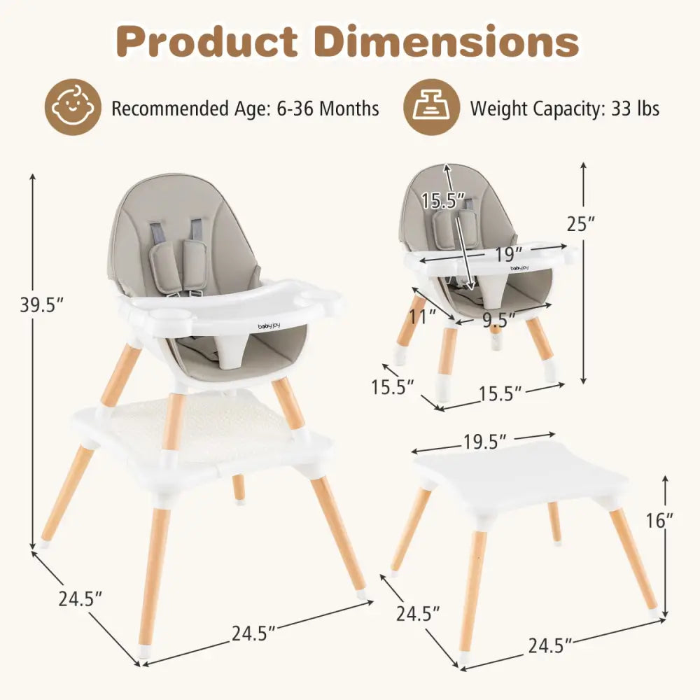 5-in-1 Baby Wooden Convertible High Chair -Gray - Gray - High Chairs