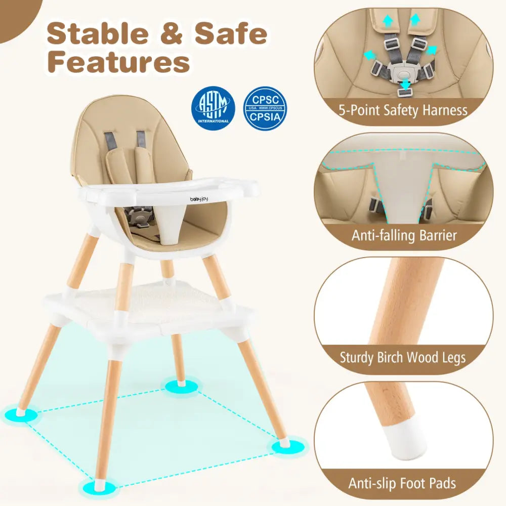 5-in-1 Baby Wooden Convertible High Chair -Khaki - Beige - High Chairs