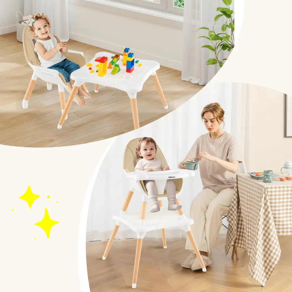 5-in-1 Baby Wooden Convertible High Chair -Khaki - Beige - High Chairs