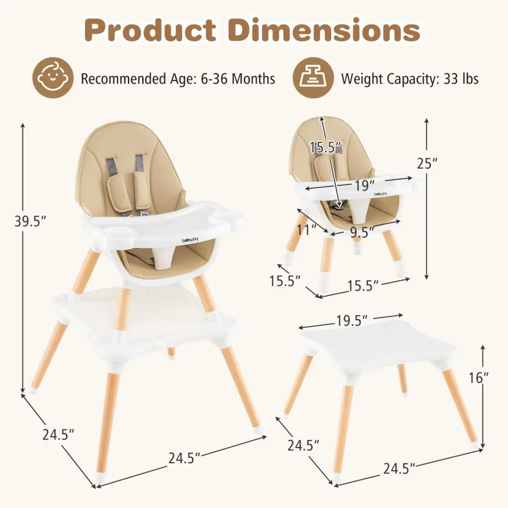 5-in-1 Baby Wooden Convertible High Chair -Khaki - Beige - High Chairs