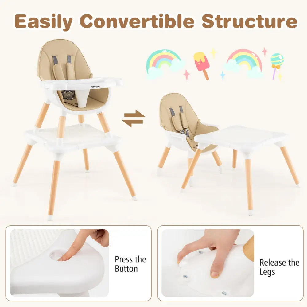 5-in-1 Baby Wooden Convertible High Chair -Khaki - Beige - High Chairs
