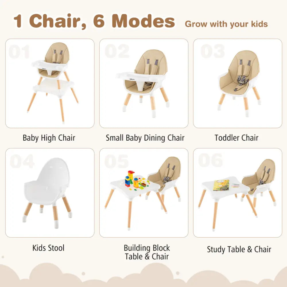 5-in-1 Baby Wooden Convertible High Chair -Khaki - Beige - High Chairs