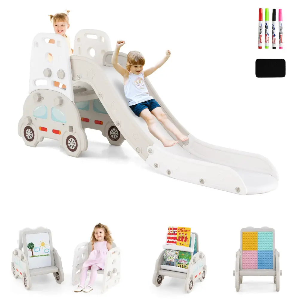 5 in 1 Convertible Toddler Slide Set Kids Art Easel with Stool and Book Rack-Gray - Gray - Climbers & Slides