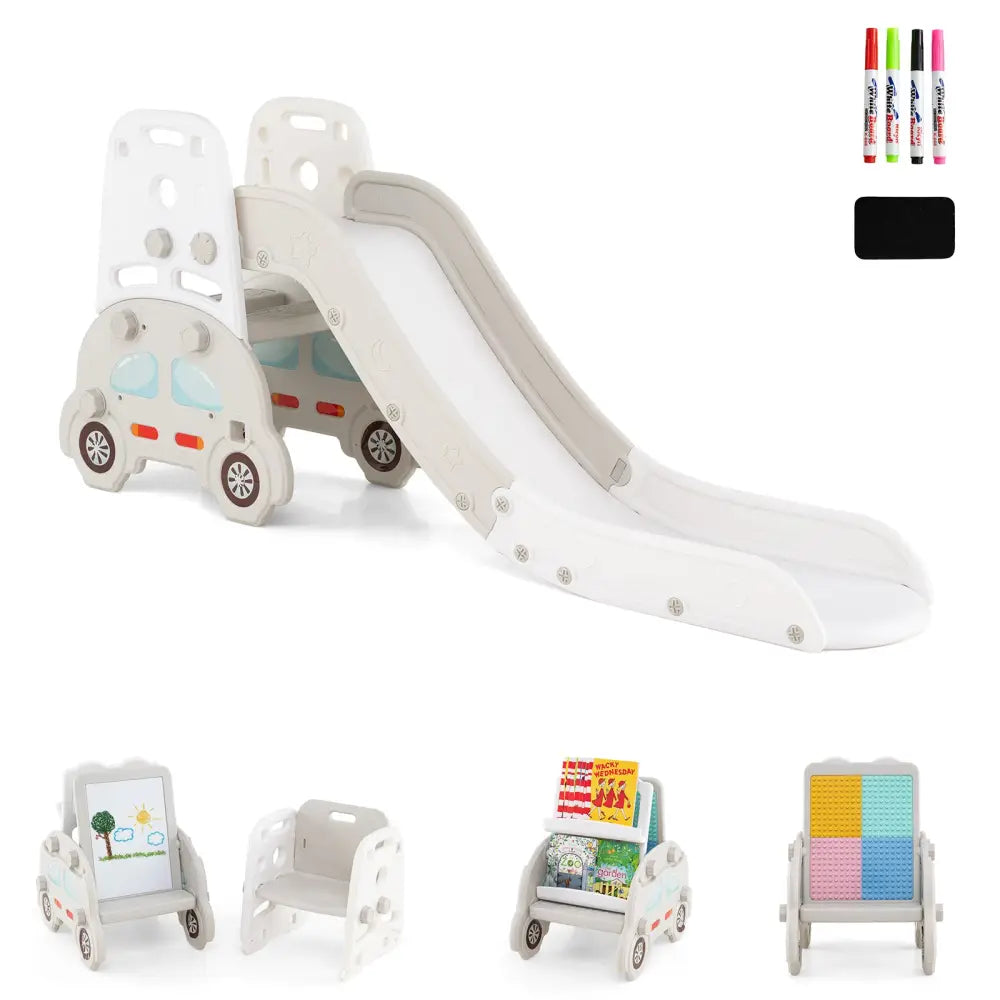 5 in 1 Convertible Toddler Slide Set Kids Art Easel with Stool and Book Rack-Gray - Gray - Climbers & Slides