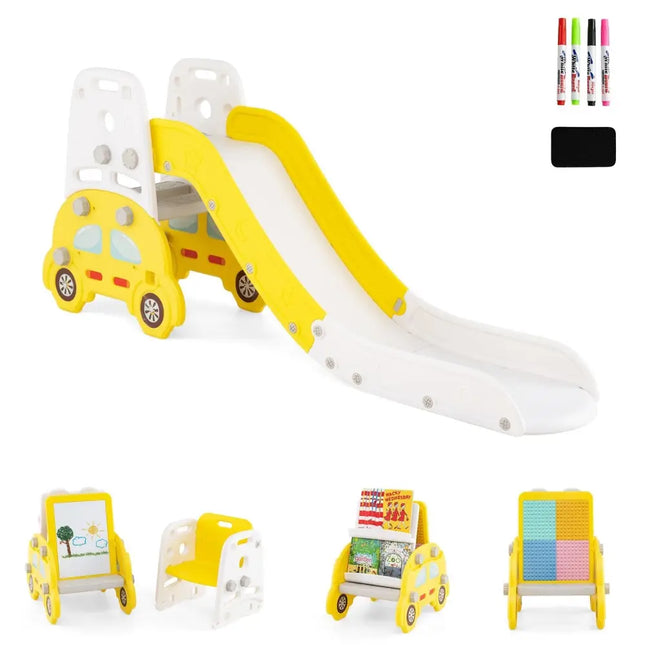 5 in 1 Convertible Toddler Slide Set Kids Art Easel with Stool and Book Rack - Yellow - Oasis Home Essentials