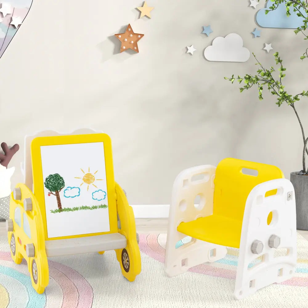 5 in 1 Convertible Toddler Slide Set Kids Art Easel with Stool and Book Rack-Yellow - Yellow - Climbers & Slides