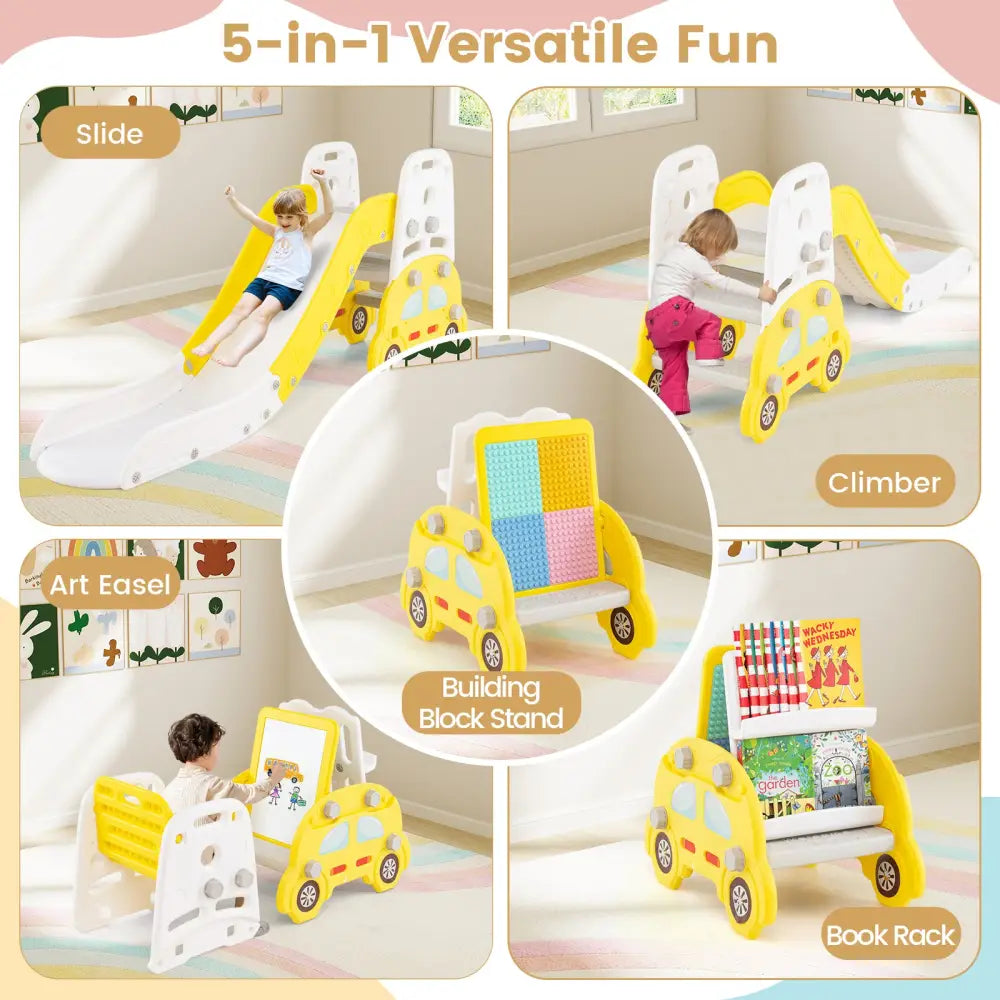 5 in 1 Convertible Toddler Slide Set Kids Art Easel with Stool and Book Rack-Yellow - Yellow - Climbers & Slides