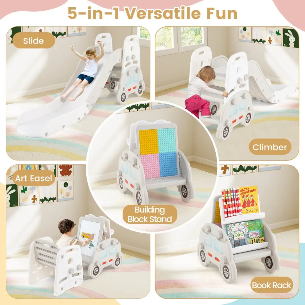 5 in 1 Convertible Toddler Slide Set Kids Art Easel with Stool and Book Rack-Gray - Gray - Climbers & Slides
