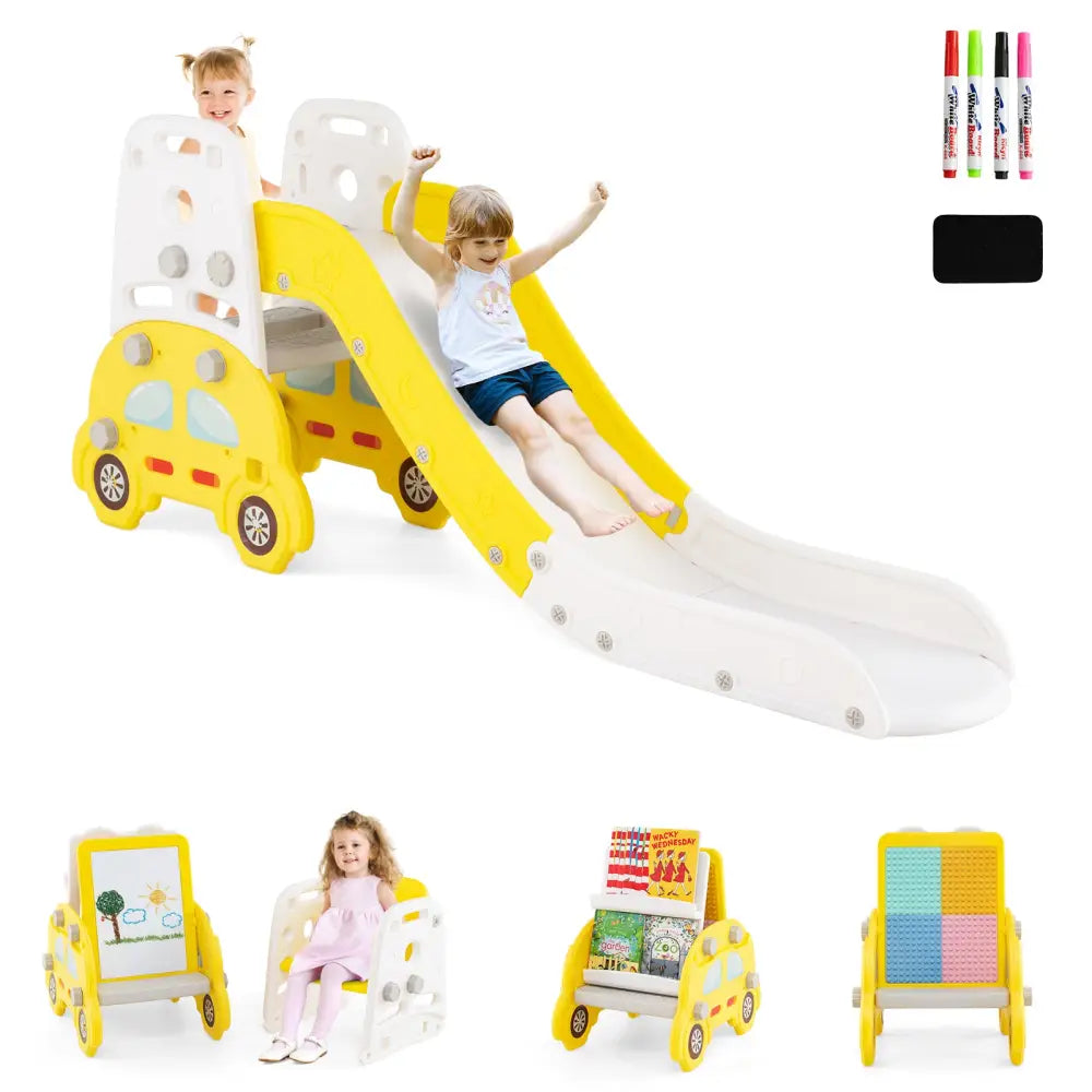 5 in 1 Convertible Toddler Slide Set Kids Art Easel with Stool and Book Rack-Yellow - Yellow - Climbers & Slides