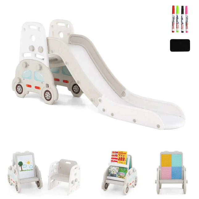 5 in 1 Convertible Toddler Slide Set Kids Art Easel with Stool and Book Rack - Gray - Oasis Home Essentials