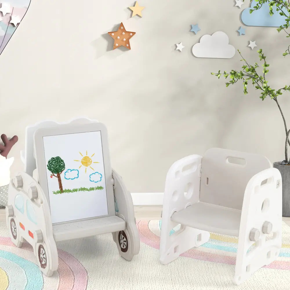 5 in 1 Convertible Toddler Slide Set Kids Art Easel with Stool and Book Rack-Gray - Gray - Climbers & Slides