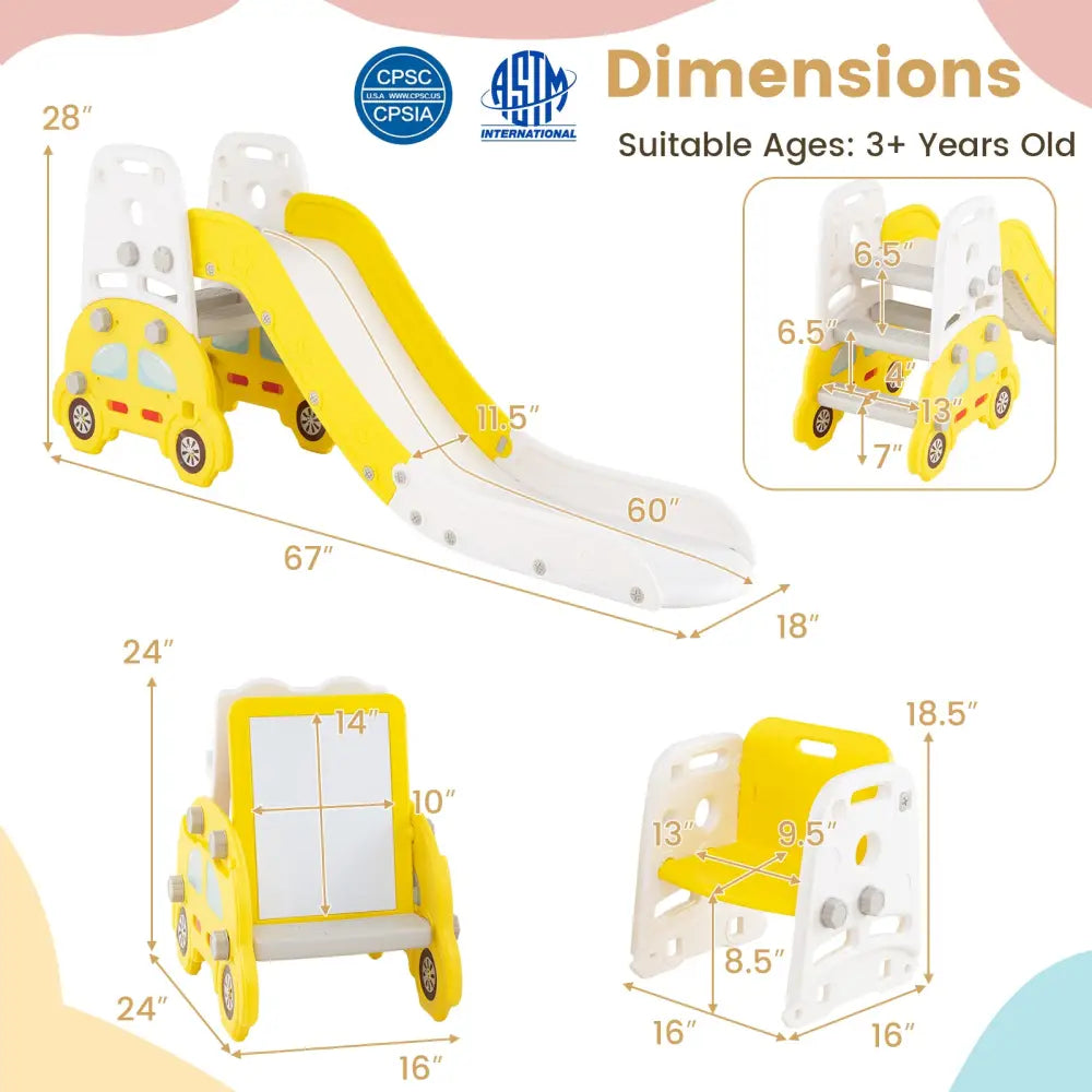 5 in 1 Convertible Toddler Slide Set Kids Art Easel with Stool and Book Rack-Yellow - Yellow - Climbers & Slides