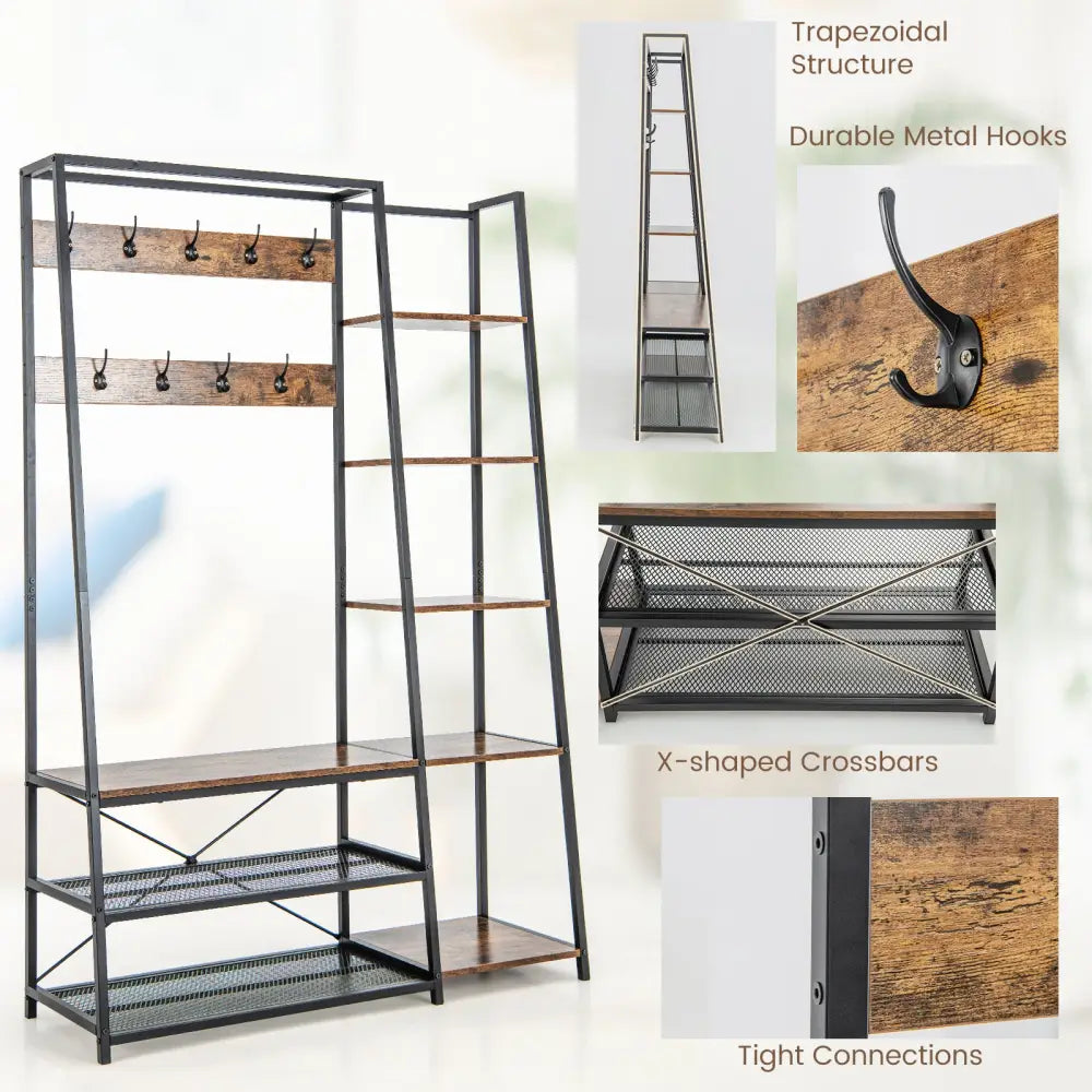 5-in-1 Entryway Hall Tree with Storage Bench with 9 Hooks-Rustic Brown - Rustic Brown - Coat Racks & Hall Trees