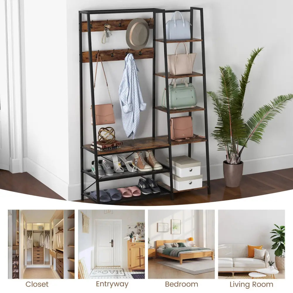 5-in-1 Entryway Hall Tree with Storage Bench with 9 Hooks-Rustic Brown - Rustic Brown - Coat Racks & Hall Trees