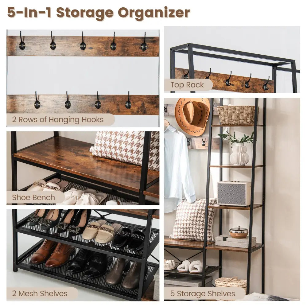 5-in-1 Entryway Hall Tree with Storage Bench with 9 Hooks-Rustic Brown - Rustic Brown - Coat Racks & Hall Trees