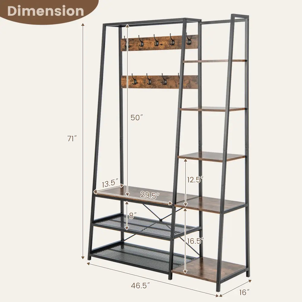 5-in-1 Entryway Hall Tree with Storage Bench with 9 Hooks-Rustic Brown - Rustic Brown - Coat Racks & Hall Trees