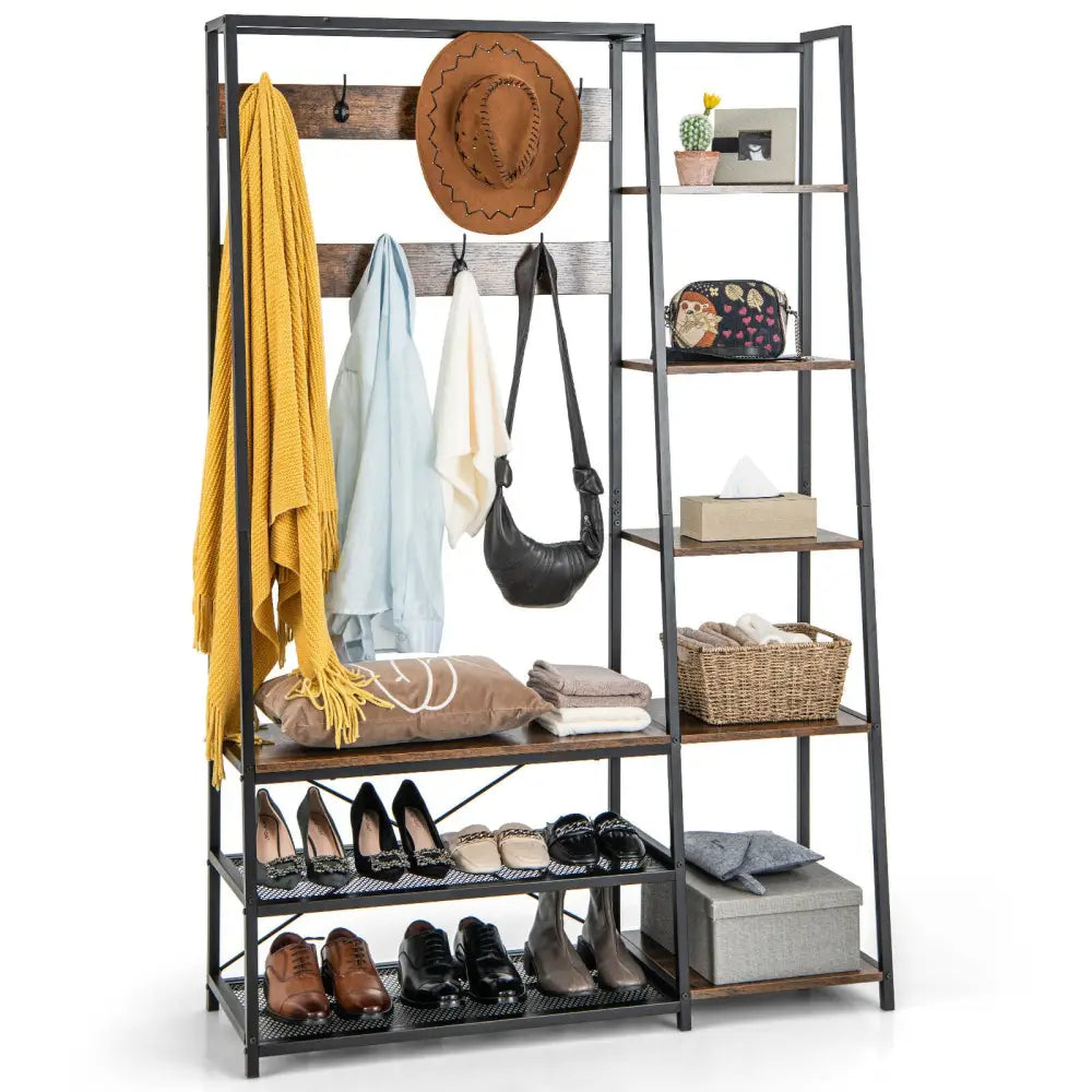 5-in-1 Entryway Hall Tree with Storage Bench with 9 Hooks-Rustic Brown - Rustic Brown - Coat Racks & Hall Trees