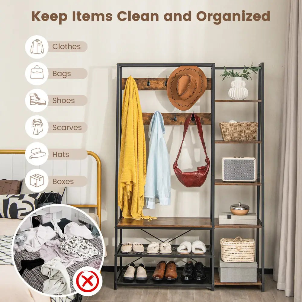 5-in-1 Entryway Hall Tree with Storage Bench with 9 Hooks-Rustic Brown - Rustic Brown - Coat Racks & Hall Trees