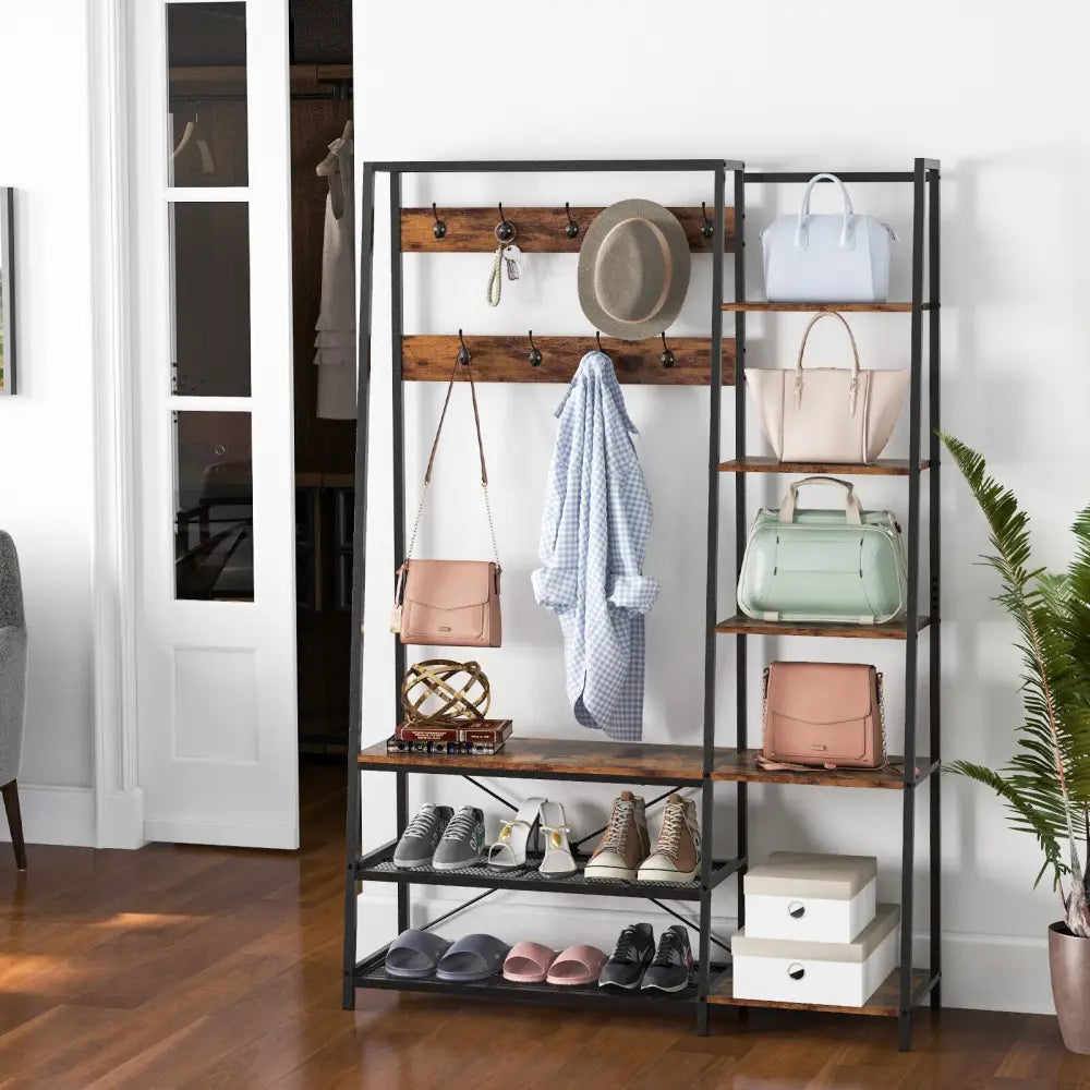 5-in-1 Entryway Hall Tree with Storage Bench with 9 Hooks-Rustic Brown - Rustic Brown - Coat Racks & Hall Trees