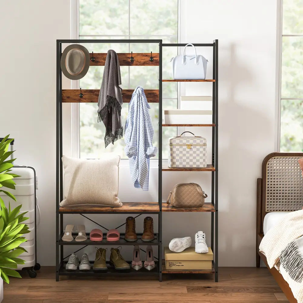 5-in-1 Entryway Hall Tree with Storage Bench with 9 Hooks-Rustic Brown - Rustic Brown - Coat Racks & Hall Trees