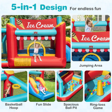 5-in-1 Ice Cream Inflatable Bounce House with Ball Pit and Slide with 480W Blower - Multicolor - Bounce House