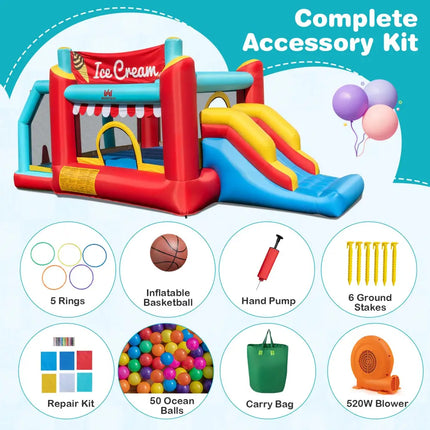5-in-1 Ice Cream Inflatable Bounce House with Ball Pit and Slide with 520W Blower - Multicolor - Bounce House