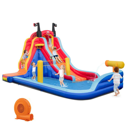 5-in-1 Inflatable Bounce House with 2 Water Slides and Large Splash Pool With 680W Blower - Blue - Inflatable Water